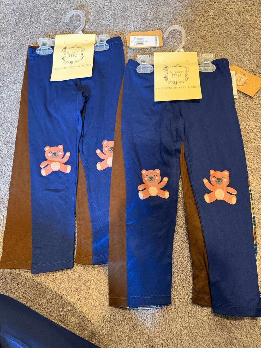NWT Forever Me Super Soft Navy & Brown 3pack Kids Leggings with Bear Motif